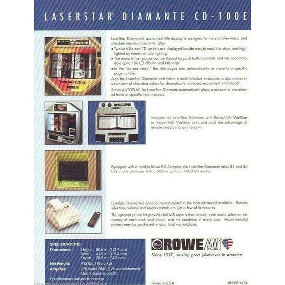 Rowe Laserstar Diamante Jukebox FLYER CD-100 E Original 1995 Phonograph Artwork - Picture 2 of 2